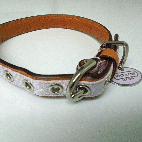 NEW COACH BROWN LEATHER LILAC JACQUARD SIGNATURE C DOG PET COLLAR 4003 SZ MEDIUM - Picture 3 of 14